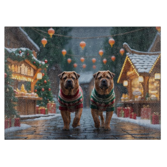 Shar Pei  Dogs Christmas Snow Holiday Cutting Board (Front)