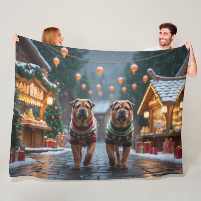 Shar Pei  Dogs Christmas Snow Holiday Fleece Blanket (In Situ)