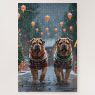Shar Pei  Dogs Christmas Snow Holiday Jigsaw Puzzle