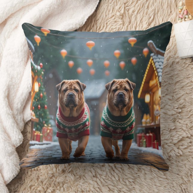 Shar Pei  Dogs Christmas Snow Holiday Throw Pillow (Blanket)