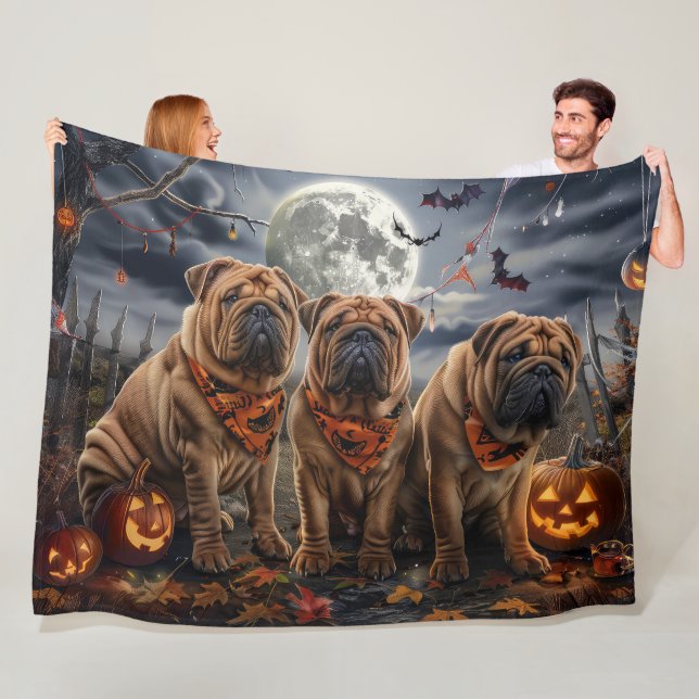 Shar Pei Halloween Spooky Fleece Blanket (In Situ)