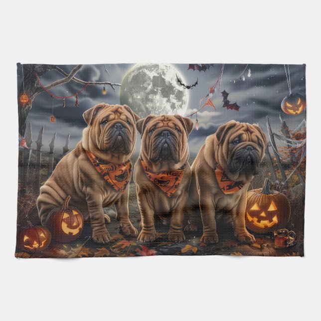 Shar Pei Halloween Spooky Kitchen Towel (Horizontal)