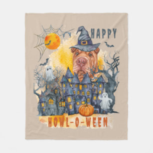 Shar pei Happy Howl-o-ween Ghost Houses Funny Fleece Blanket