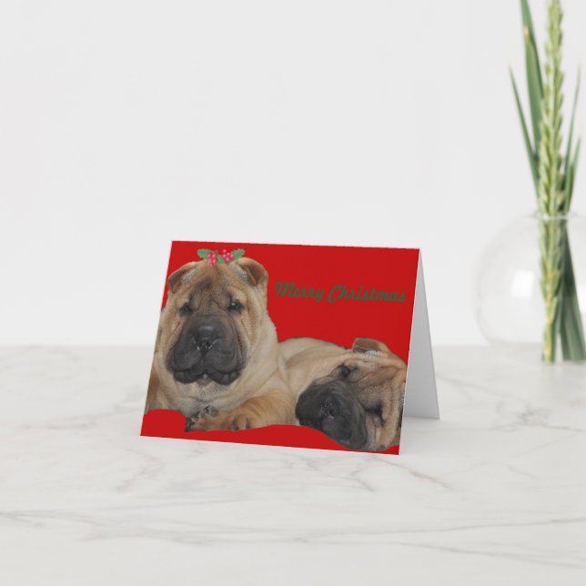 Shar Pei Holly Puppy Christmas Holiday Card (Front)