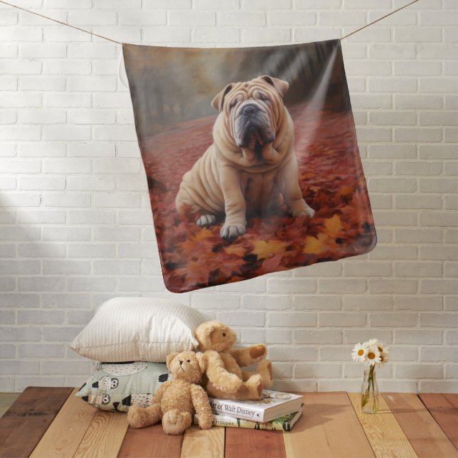 Shar Pei in Autumn Leaves Fall Inspire Baby Blanket (In Situ)