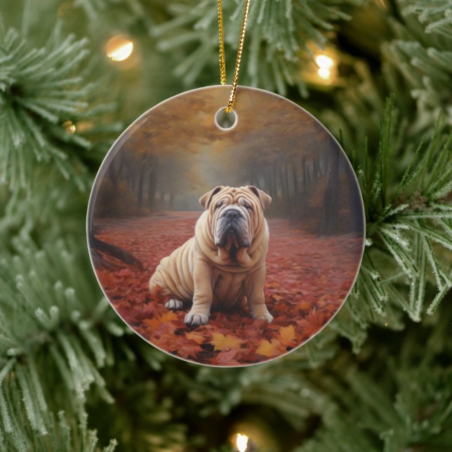 Shar Pei in Autumn Leaves Fall Inspire Ceramic Ornament (Tree)