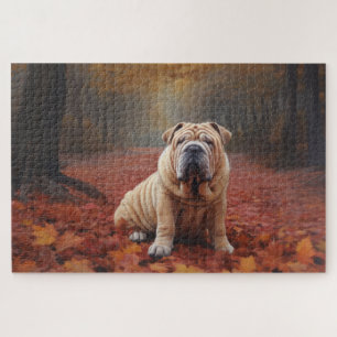 Shar Pei in Autumn Leaves Fall Inspire Jigsaw Puzzle
