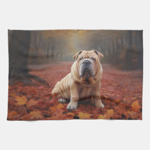 Shar Pei in Autumn Leaves Fall Inspire Kitchen Towel