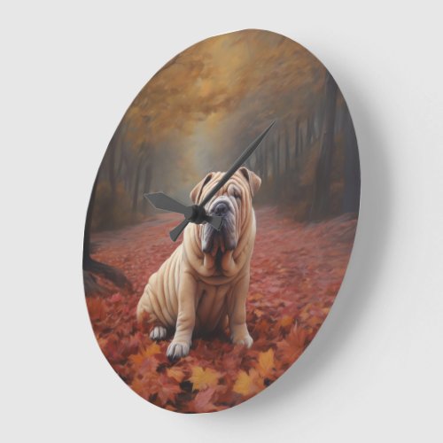 Shar Pei in Autumn Leaves Fall Inspire Large Clock