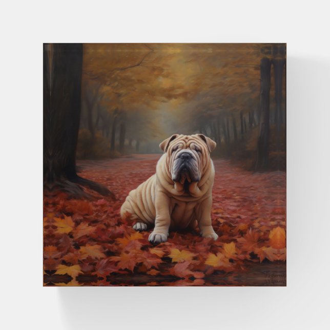 Shar Pei in Autumn Leaves Fall Inspire Paperweight (Front)