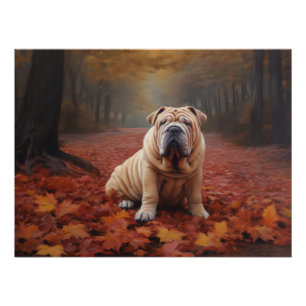 Shar Pei in Autumn Leaves Fall Inspire Poster