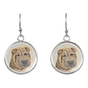 Shar Pei Painting - Cute Original Dog Art Earrings