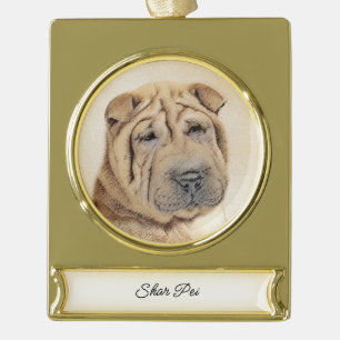 Shar Pei Painting - Cute Original Dog Art Gold Pla Gold Plated Banner Ornament