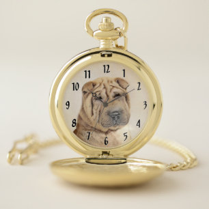 Shar Pei Painting - Cute Original Dog Art Pocket Watch