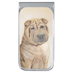 Shar Pei Painting - Cute Original Dog Art Silver Finish Money Clip
