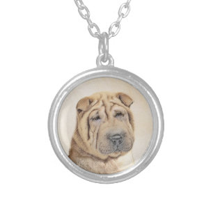 Shar Pei Painting - Cute Original Dog Art Silver Plated Necklace