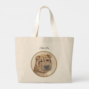 Shar Pei Painting Fawn Wrinkle Original Dog Art Large Tote Bag