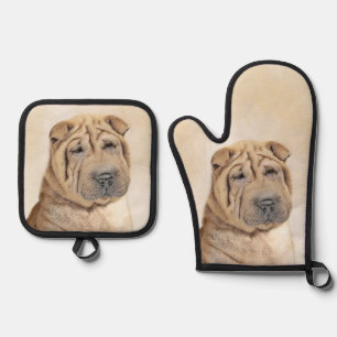 Shar Pei Painting Fawn Wrinkle Original Dog Art Oven Mitt & Pot Holder Set