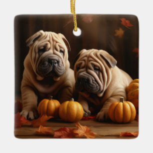 Shar Pei Puppy Autumn Delight Pumpkin Ceramic Ornament