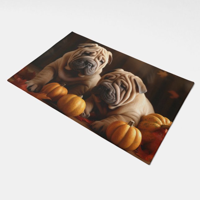 Shar Pei Puppy Autumn Delight Pumpkin Doormat (Angled)