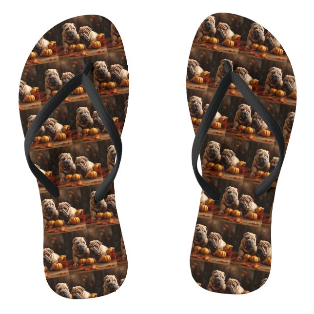 Shar Pei Puppy Autumn Delight Pumpkin Flip Flops (Footbed)
