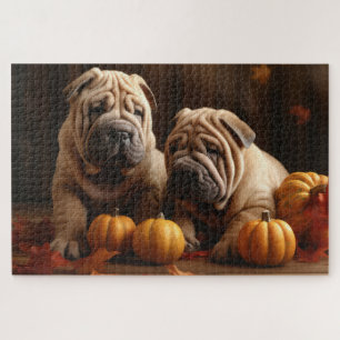 Shar Pei Puppy Autumn Delight Pumpkin Jigsaw Puzzle
