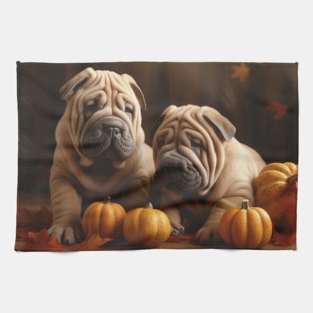 Shar Pei Puppy Autumn Delight Pumpkin Kitchen Towel (Horizontal)