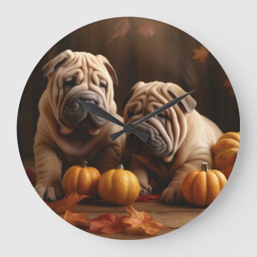 Shar Pei Puppy Autumn Delight Pumpkin Large Clock