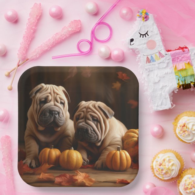 Shar Pei Puppy Autumn Delight Pumpkin Paper Plates (Party)