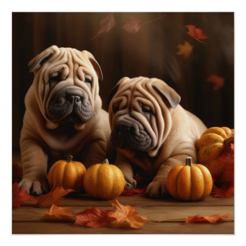 Shar Pei Puppy Autumn Delight Pumpkin Poster