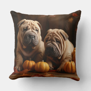 Shar Pei Puppy Autumn Delight Pumpkin Throw Pillow