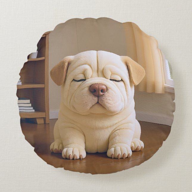 Shar Pei Puppy - Soft Serenity by WangWang Round Pillow (Front)