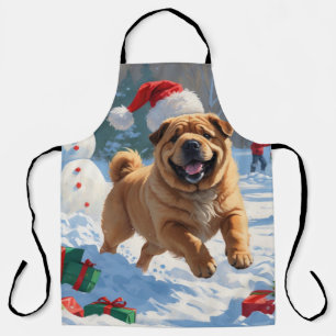 Shar Pei Running in Snow with Christmas Hat Apron