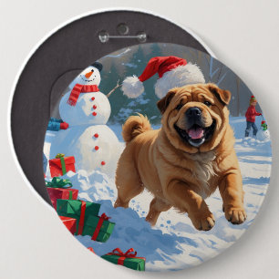 Shar Pei Running in Snow with Christmas Hat Button
