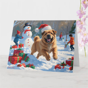 Shar Pei Running in Snow with Christmas Hat Card
