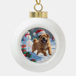 Shar Pei Running in Snow with Christmas Hat Ceramic Ball Christmas Ornament