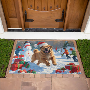 Shar Pei Running in Snow with Christmas Hat Doormat