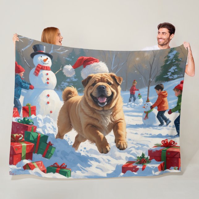 Shar Pei Running in Snow with Christmas Hat Fleece Blanket (In Situ)