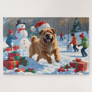 Shar Pei Running in Snow with Christmas Hat Jigsaw Puzzle