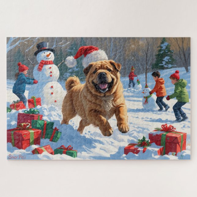 Shar Pei Running in Snow with Christmas Hat Jigsaw Puzzle (Horizontal)