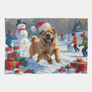 Shar Pei Running in Snow with Christmas Hat Kitchen Towel