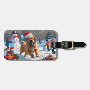 Shar Pei Running in Snow with Christmas Hat Luggage Tag