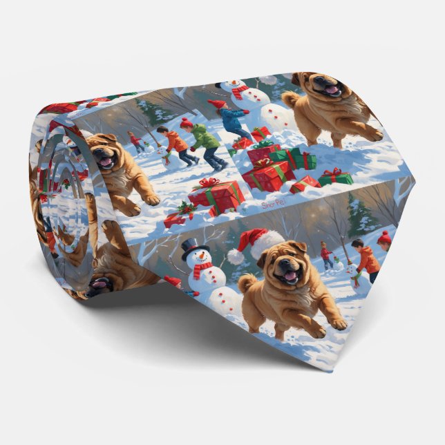 Shar Pei Running in Snow with Christmas Hat Neck Tie (Rolled)