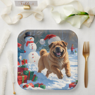 Shar Pei Running in Snow with Christmas Hat Paper Plates