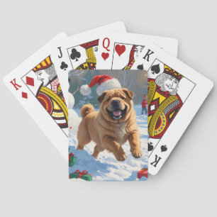 Shar Pei Running in Snow with Christmas Hat Poker Cards
