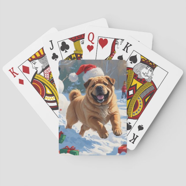Shar Pei Running in Snow with Christmas Hat Poker Cards (Back)