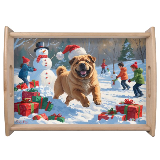 Shar Pei Running in Snow with Christmas Hat Serving Tray (Front)