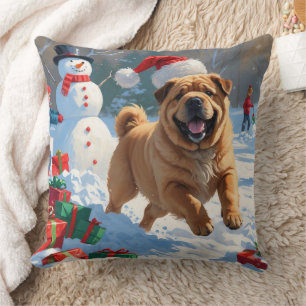 Shar Pei Running in Snow with Christmas Hat Throw Pillow