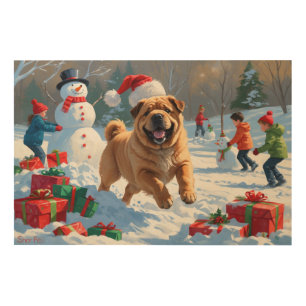 Shar Pei Running in Snow with Christmas Hat Wood Wall Art