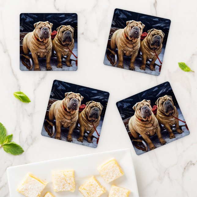 Shar Pei Snowy Sleigh Christmas Decor Coaster Set (In Situ)